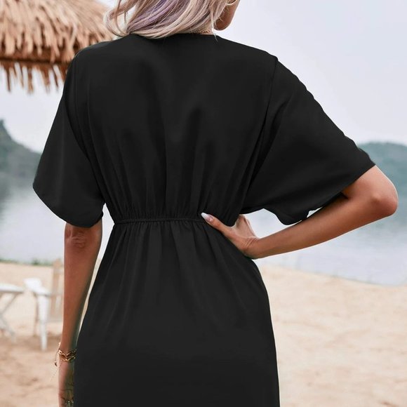 Black Boho Womens Solid Ruched Front Batwing Sleeve Dress - Picture 2 of 4